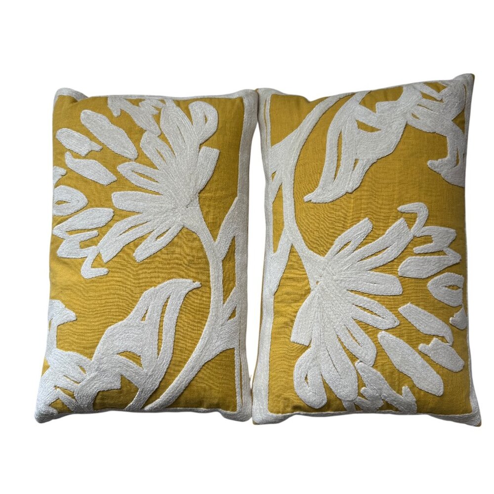 Crate & Barrel Briar Pillows 18" x 12" Oblong Lumber Floral Botanical Set Of Two